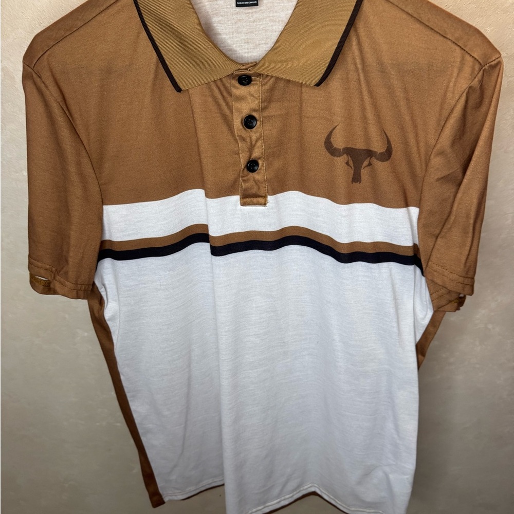Brown & White Striped Short Sleeve Polo with Bull Emblem